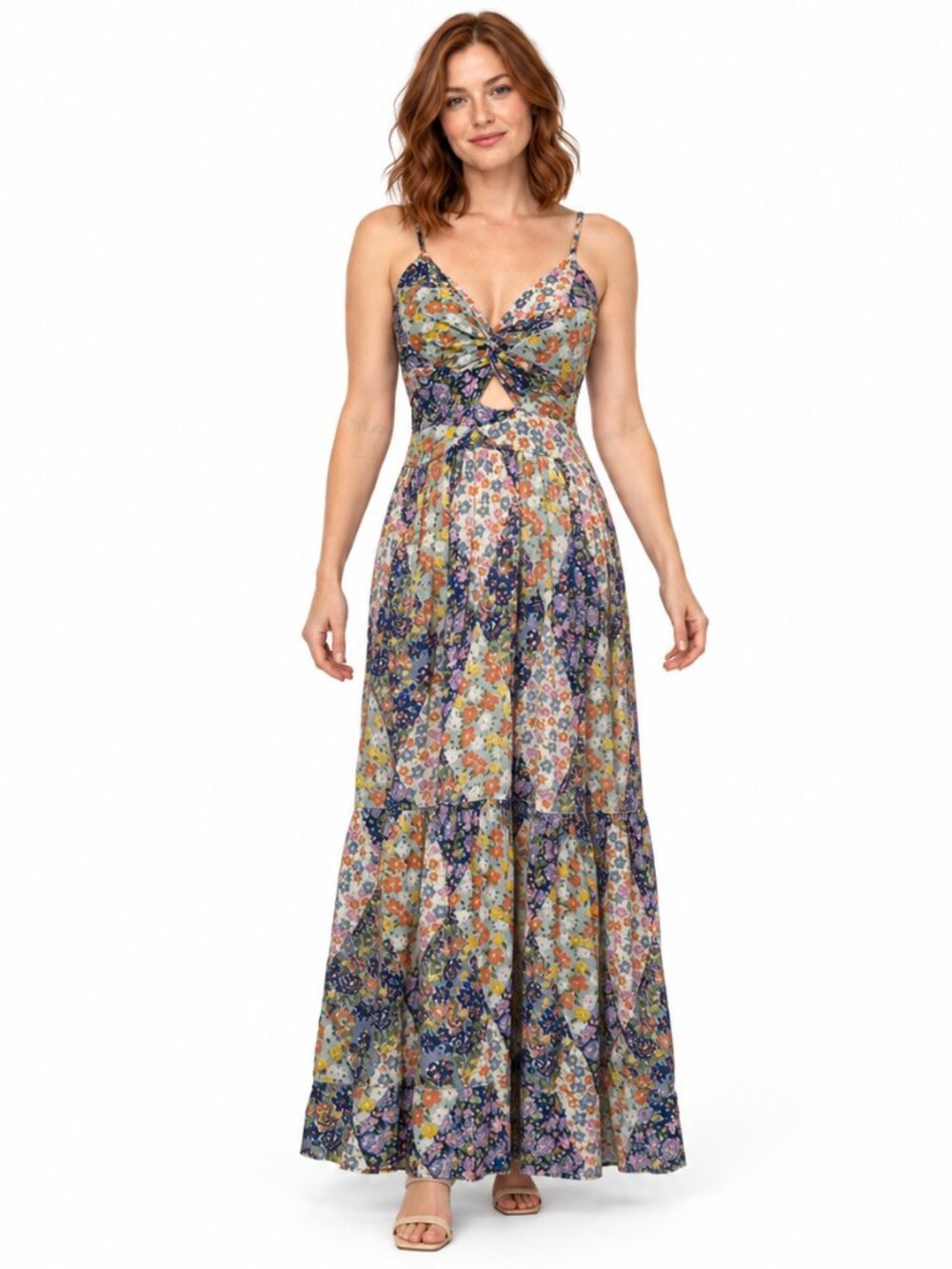 Boho Patchwork Dress Floral Tiered Maxi Long  Pink Purple Blue Multicolor Medium